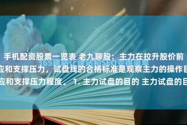 手机配资股票一览表 老九聊股：主力在拉升股价前会通过试盘来测试市场反应和支撑压力，试盘线的合格标准是观察主力的操作目的、市场反应和支撑压力程度。 1. 主力试盘的目的 主力试盘的目的是测试对手盘、观察市场反应、测...
